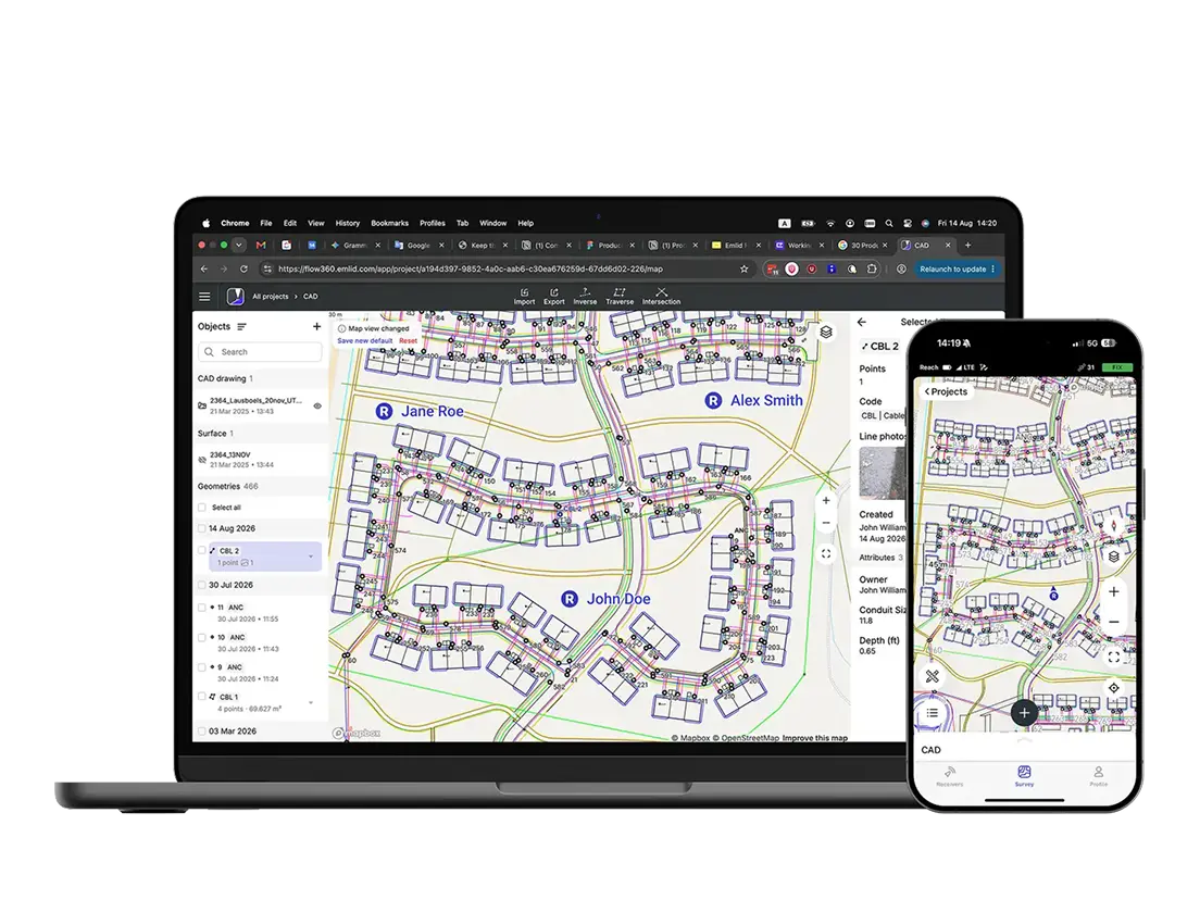 Emlid Flow 360 shown on a laptop, synced with the Emlid Flow app on a phone